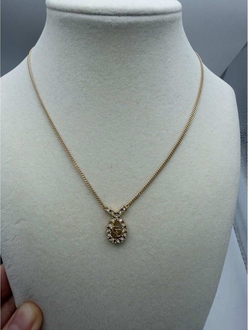 Authentic Vintage Christian Dior CD Logo Teardrop Rhinestone Pendant Necklace